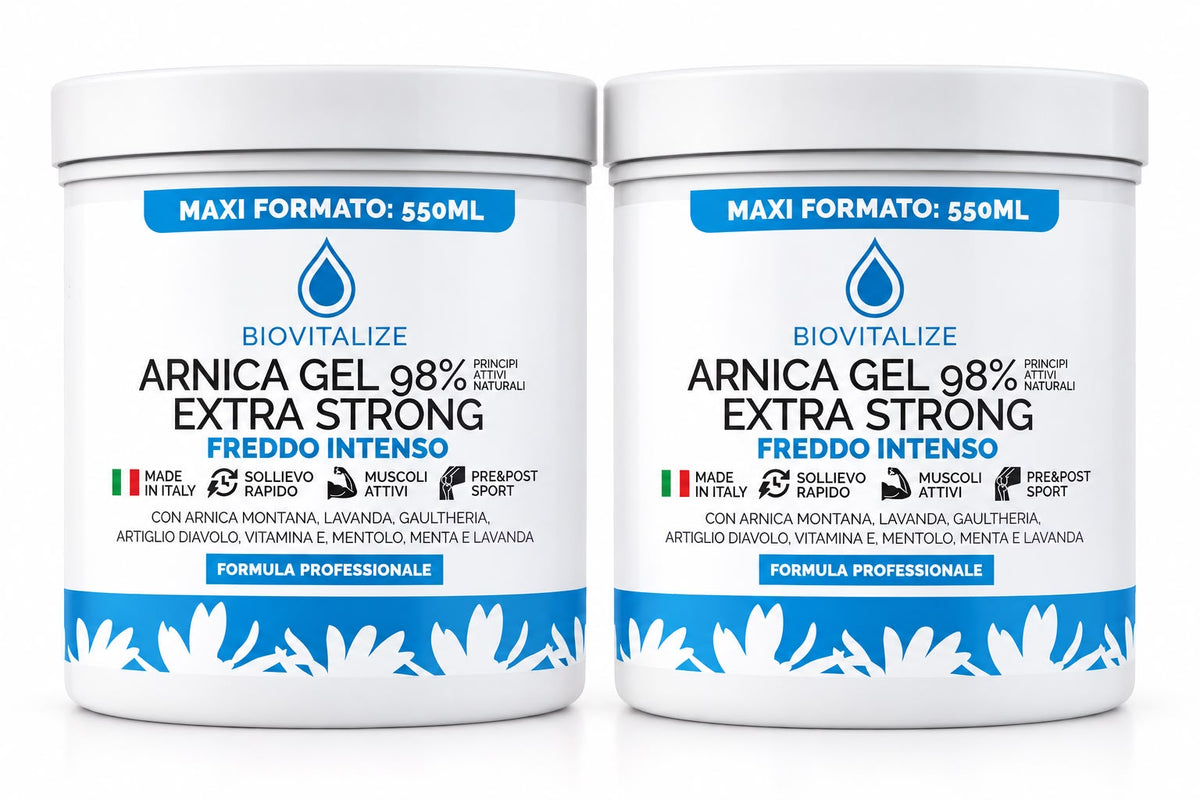 2xGel de Arnica 98%, Extra Puternic cu Efect Rece Intens, 550 ml, Crema de Masaj pentru Muschi si Articulatii cu Gheara Diavolului si Mentol, Ameliorare Rapida pentru Intinderi si Umflaturi, Made in Italy