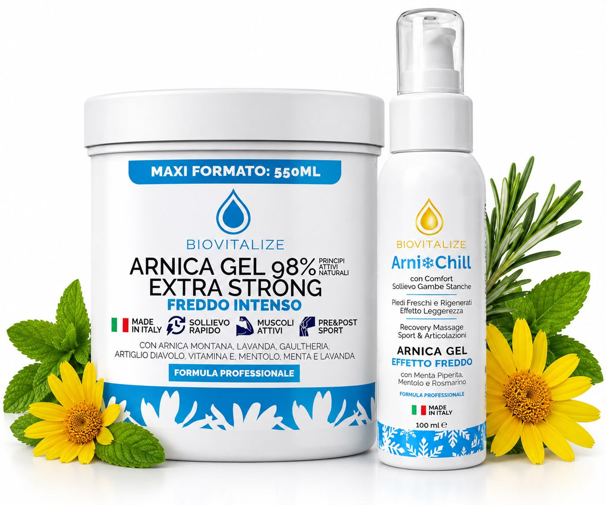 Set Îngrijire Mușchi și Articulații – Gel cu Arnica și Mentol 100 ml + Gel Arnica 98% Extra Puternic 550 ml, Efect Rece