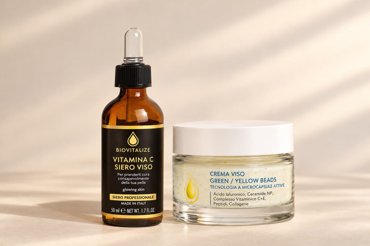 Set BIOVITALIZE Vitamina C + Cremă de Față Green / Yellow Beads – Luminozitate, Hidratare și Fermitate, 2 × 50 ml, Made in Italy
