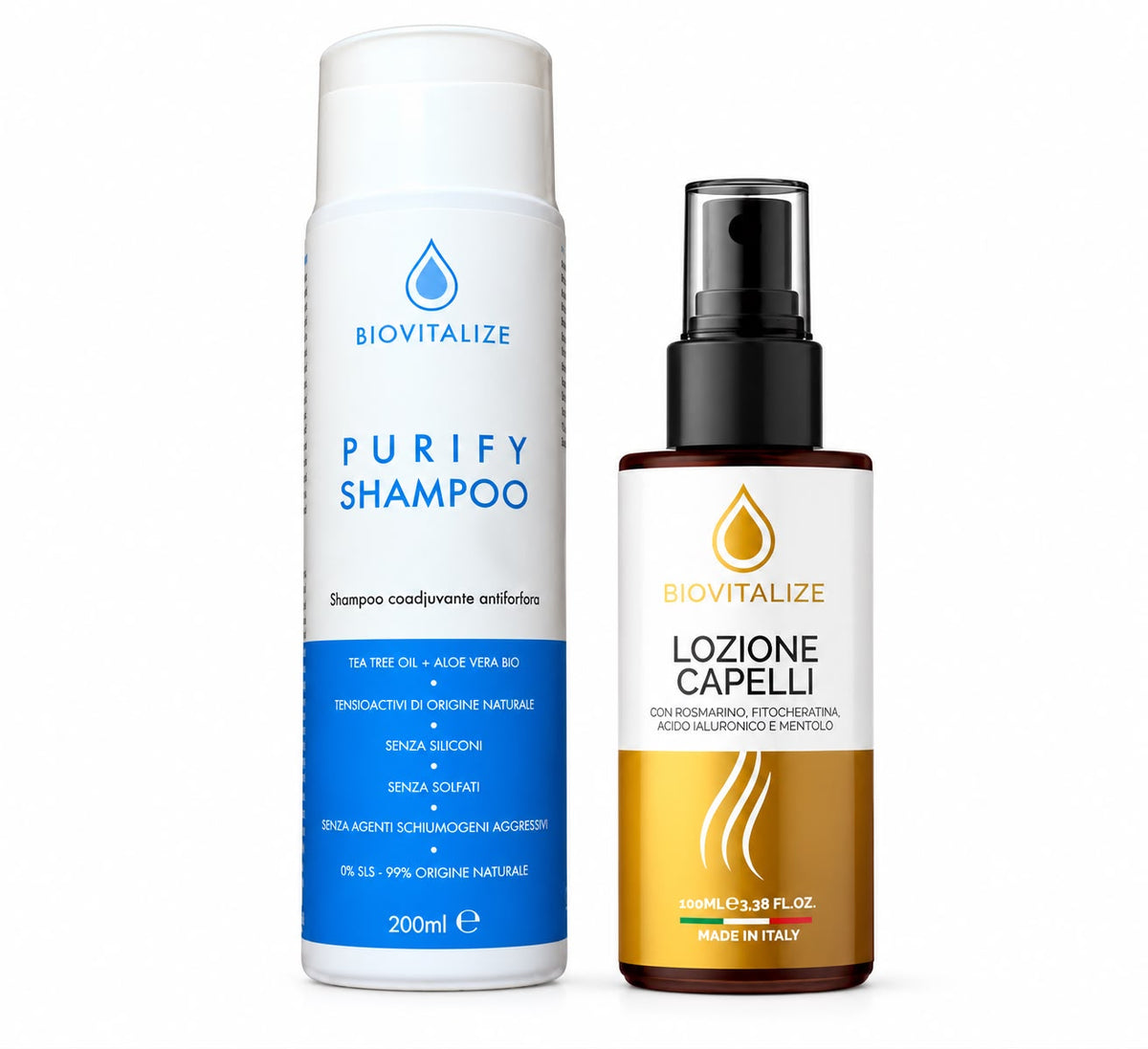Set BIOVITALIZE Antimătreață și Anticădere – Șampon Purify 200 ml + Spray Lozione Capelli 100 ml, Purificare și Fortificare, Femei și Bărbați