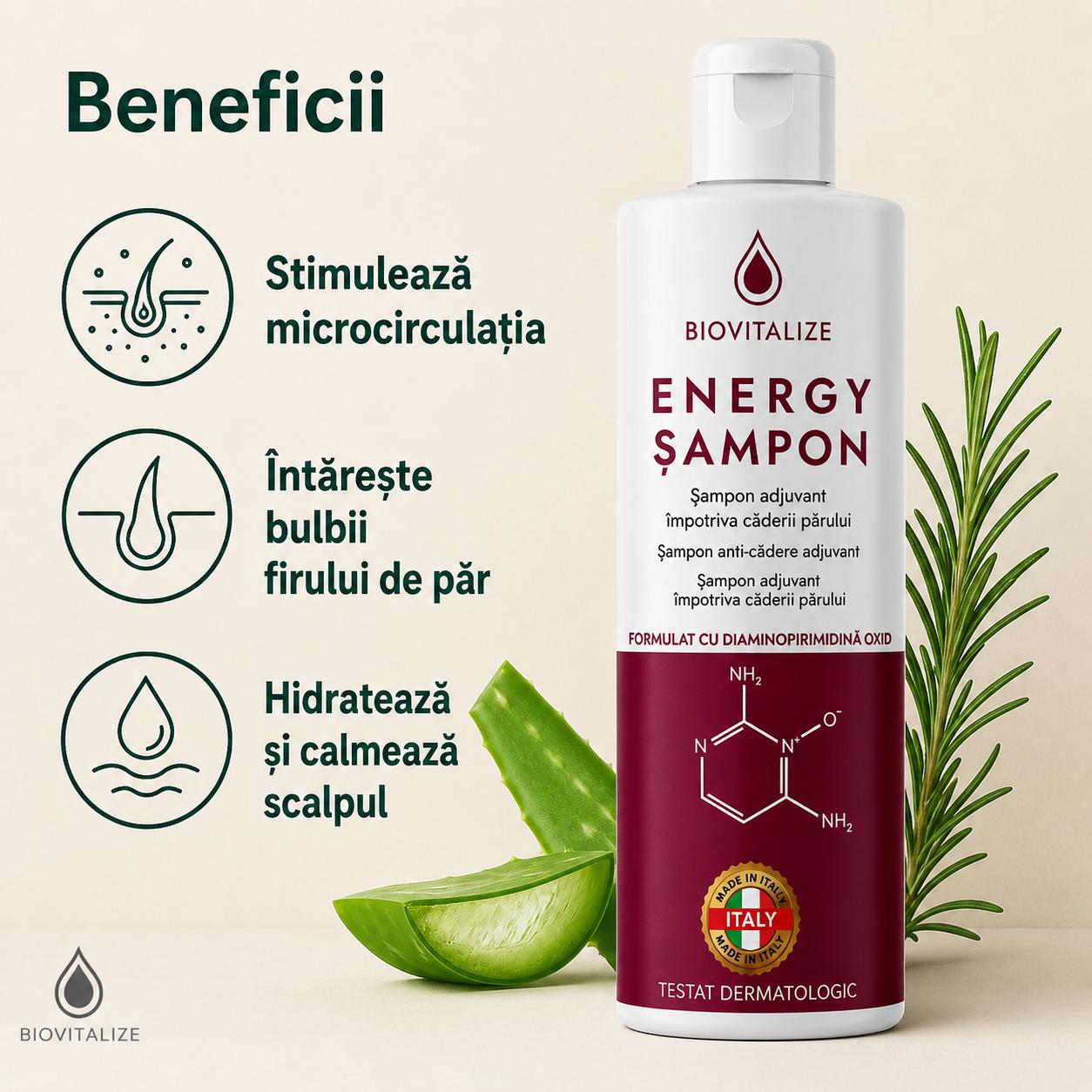 Șampon regenerant, anti-căderea părului BIOVITALIZE cu Aloe și Rozmarin – Made in Italy