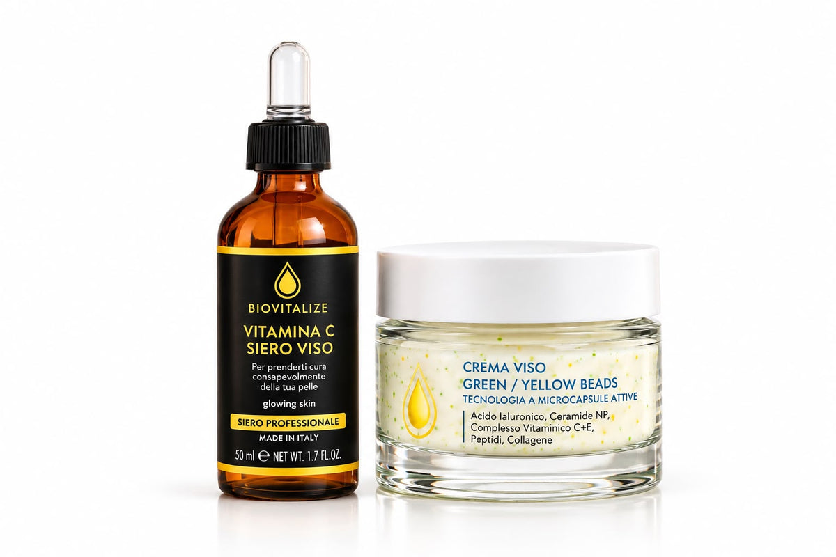 Set BIOVITALIZE Vitamina C + Cremă de Față Green / Yellow Beads – Luminozitate, Hidratare și Fermitate, 2 × 50 ml, Made in Italy