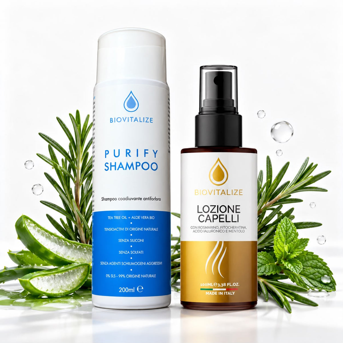 Set BIOVITALIZE Antimătreață și Anticădere – Șampon Purify 200 ml + Spray Lozione Capelli 100 ml, Purificare și Fortificare, Femei și Bărbați