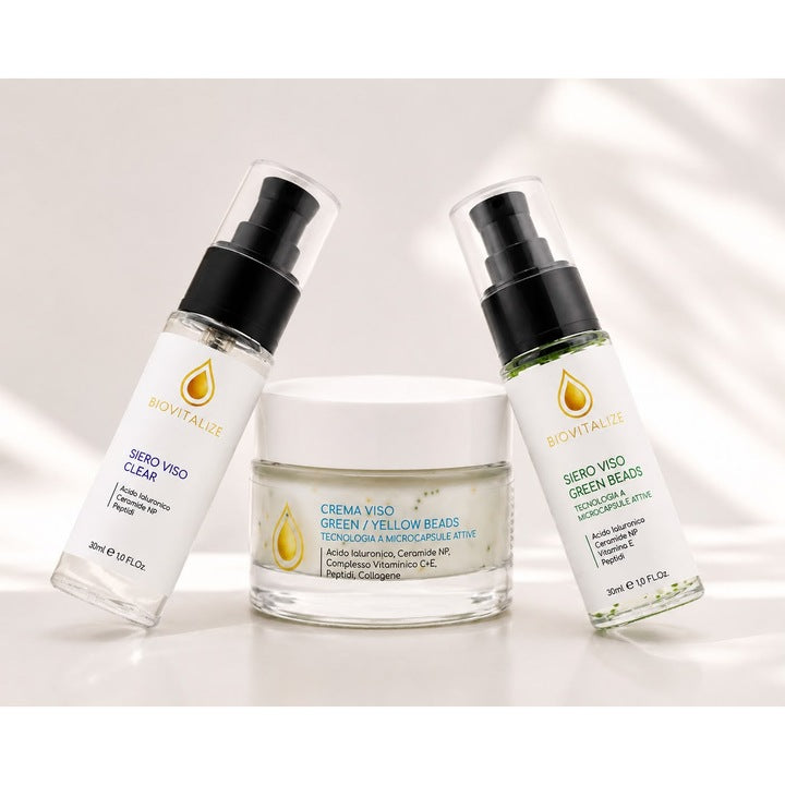 Set Ingrijire Faciala Premium, Ser Fata Clear 30 ml + Ser Fata Green Beads 30 ml + Crema Fata Green/Yellow Beads 50 ml cu Peptide, Acid Hialuronic si Ceramide, Hidratare si Fermitate, Made in Italy