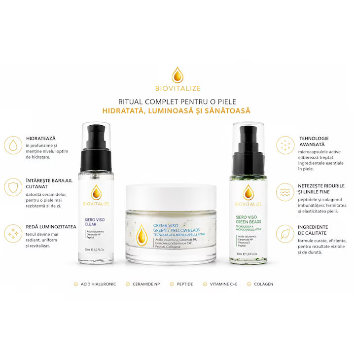 Set Ingrijire Faciala Premium, Ser Fata Clear 30 ml + Ser Fata Green Beads 30 ml + Crema Fata Green/Yellow Beads 50 ml cu Peptide, Acid Hialuronic si Ceramide, Hidratare si Fermitate, Made in Italy