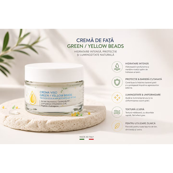 Crema de Fata cu Peptide, Acid Hialuronic, Ceramide, Colagen si Microcapsule Verzi/ Galbene Active pentru Hidratare, Fermitate si Luminozitate, 50 ml