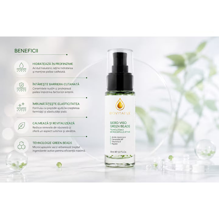 Ser Facial BIOVITALIZE cu Peptide, Acid Hialuronic, Ceramide NP, Vitamina E si Microcapsule Active Verzi, 30 ml, Made in Italy