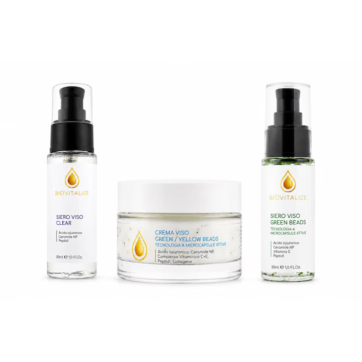 Set Ingrijire Faciala Premium, Ser Fata Clear 30 ml + Ser Fata Green Beads 30 ml + Crema Fata Green/Yellow Beads 50 ml cu Peptide, Acid Hialuronic si Ceramide, Hidratare si Fermitate, Made in Italy