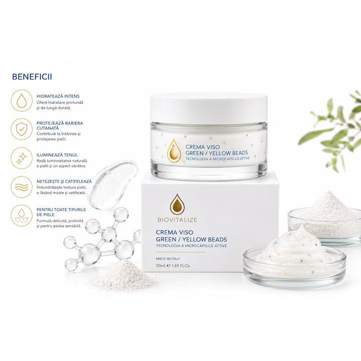Crema de Fata cu Peptide, Acid Hialuronic, Ceramide, Colagen si Microcapsule Verzi/ Galbene Active pentru Hidratare, Fermitate si Luminozitate, 50 ml