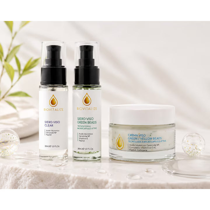 Set Ingrijire Faciala Premium, Ser Fata Clear 30 ml + Ser Fata Green Beads 30 ml + Crema Fata Green/Yellow Beads 50 ml cu Peptide, Acid Hialuronic si Ceramide, Hidratare si Fermitate, Made in Italy