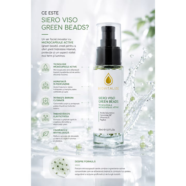 Ser Facial BIOVITALIZE cu Peptide, Acid Hialuronic, Ceramide NP, Vitamina E si Microcapsule Active Verzi, 30 ml, Made in Italy